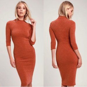 LULU'S Womens Conversation Starter Midi Bodycon Dress Size XS Rust Orange NWT